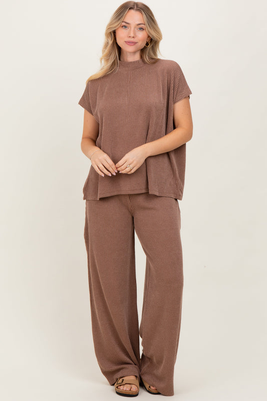 Mocha Textured Rib Mock Neck Short Sleeve Pant Set