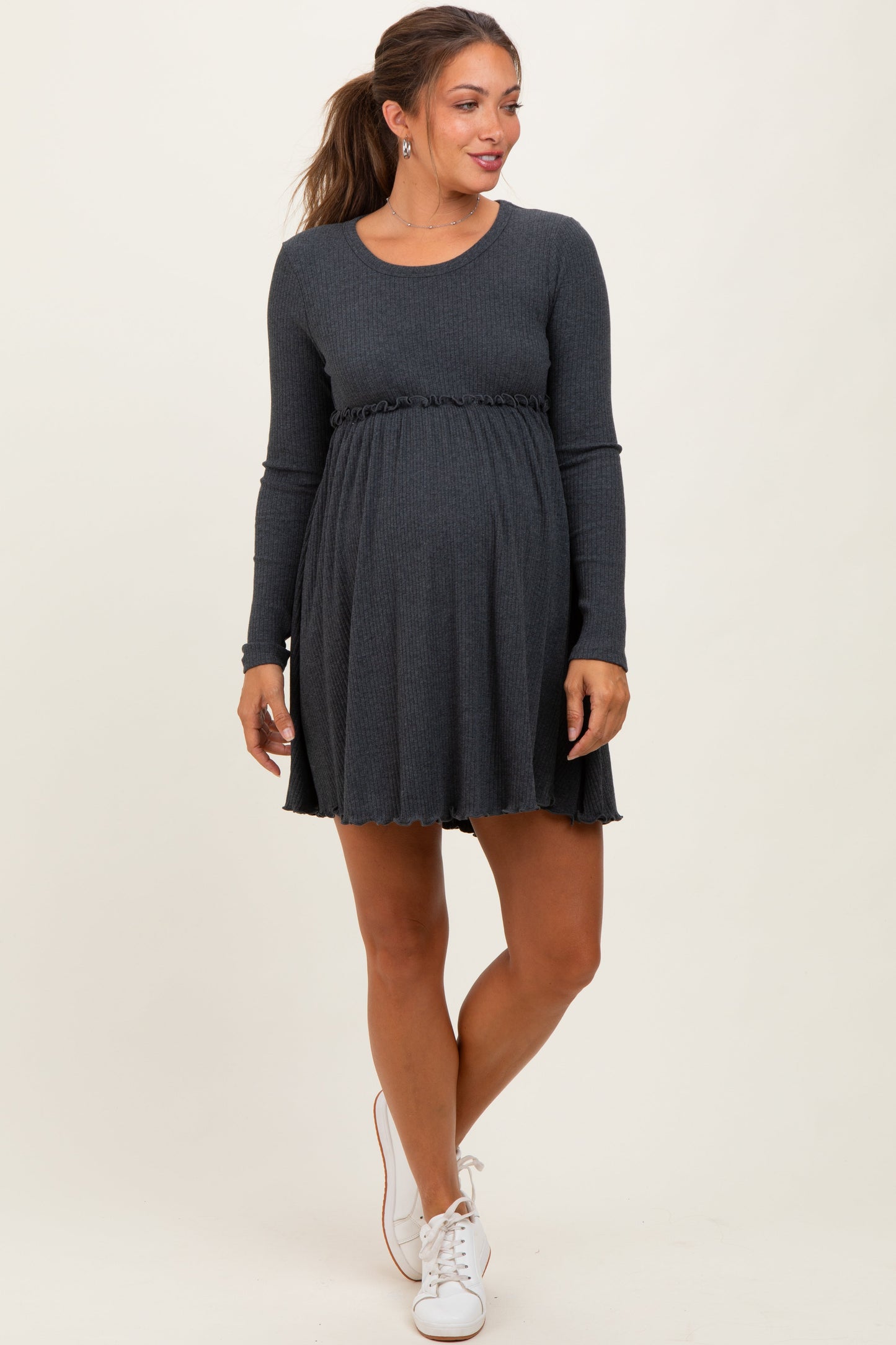 Charcoal Solid Ribbed Long Sleeve Crewneck Shirring Maternity Mini Dress
