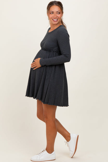 Charcoal Solid Ribbed Long Sleeve Crewneck Shirring Maternity Mini Dress