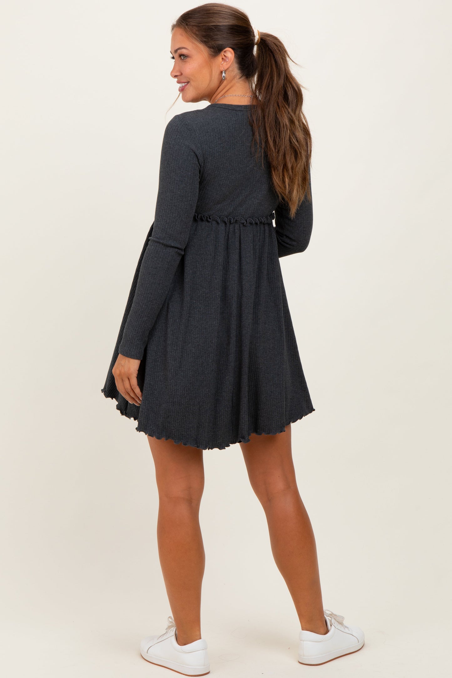 Charcoal Solid Ribbed Long Sleeve Crewneck Shirring Maternity Mini Dress