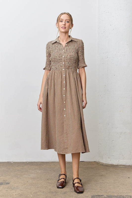 Mocha Gingham Smocked Button Down Midi Dress