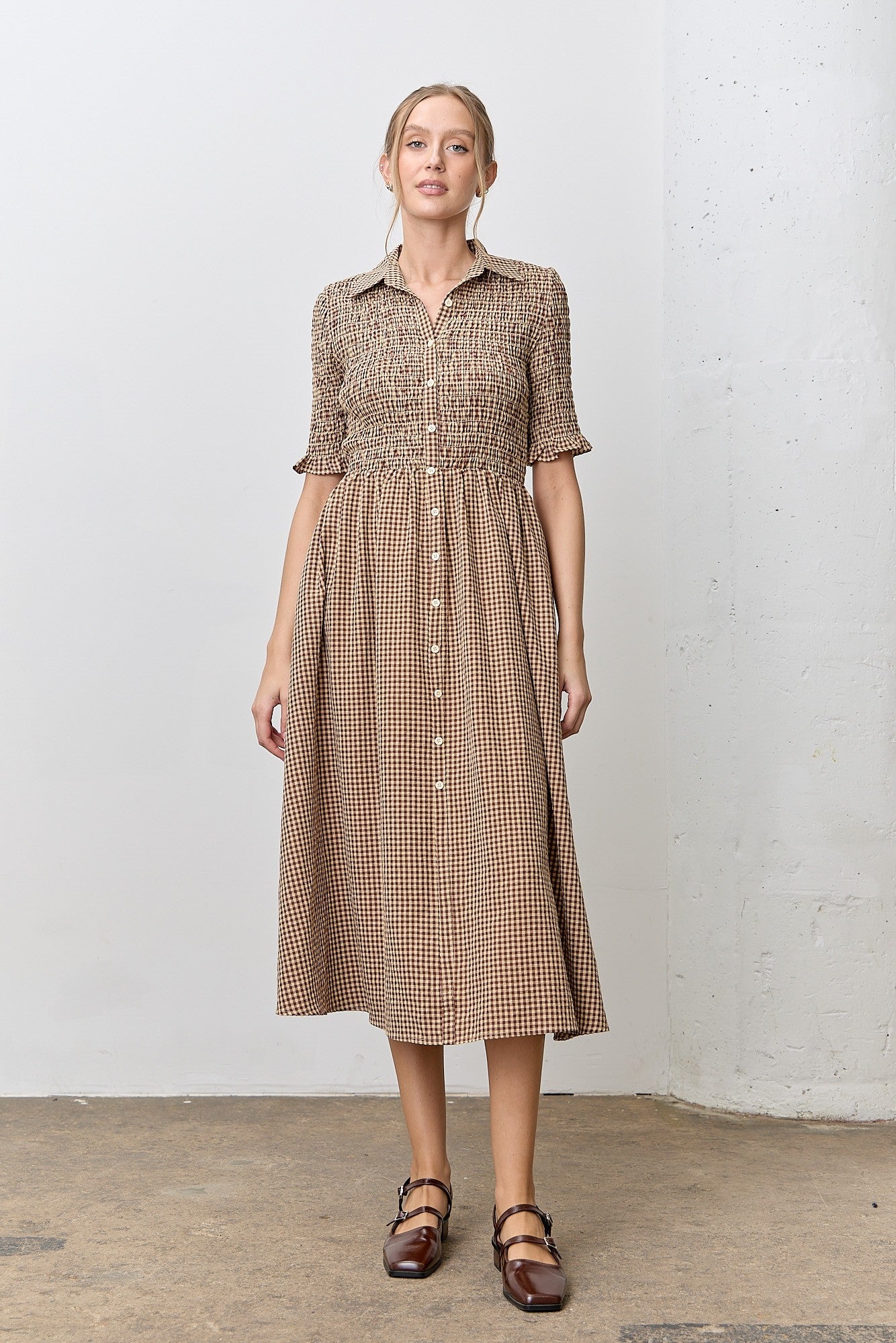 Mocha Gingham Smocked Button Down Midi Dress