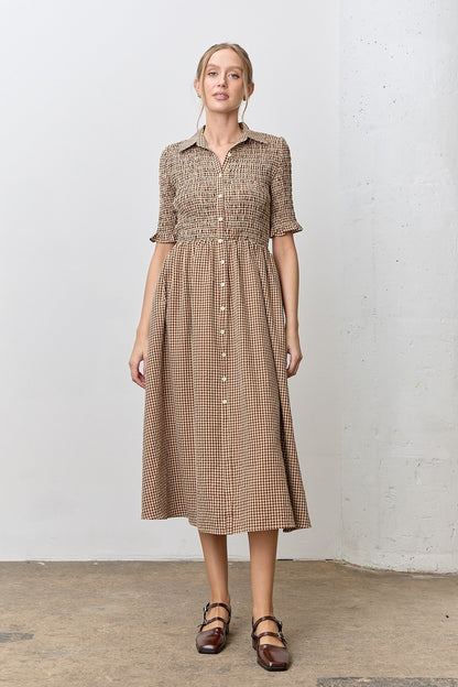 Mocha Gingham Smocked Button Down Maternity Midi Dress