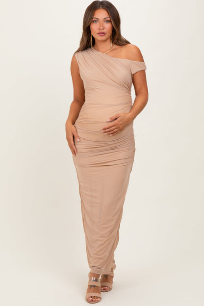 Beige Ruched Asymmetrical Off Shoulder Maternity Maxi Dress