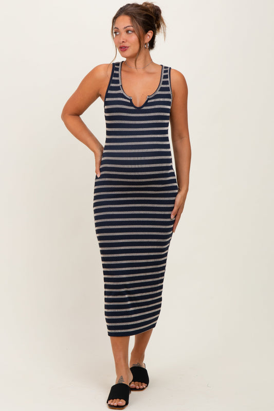 Navy Stripe Ribbed Sleeveless V Neck Maternity Maxi Dress