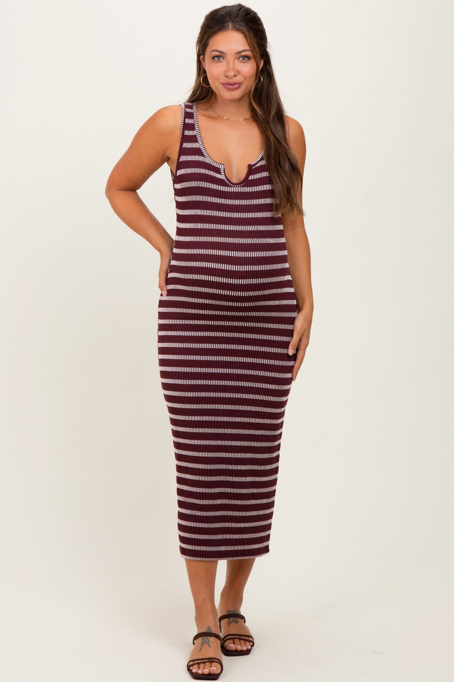 Burgundy Stripe Ribbed Sleeveless V Neck Maternity Maxi Dress