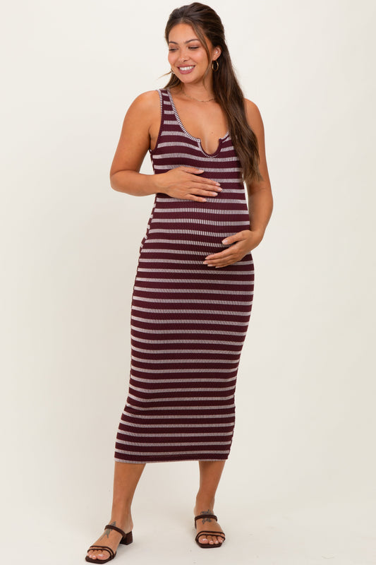 Burgundy Stripe Ribbed Sleeveless V Neck Maternity Maxi Dress