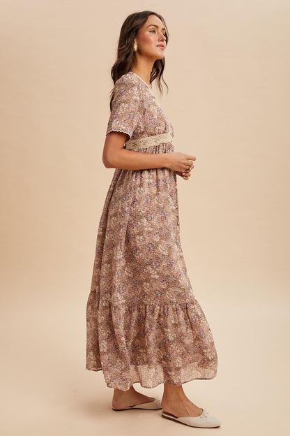 Mauve Floral Lace Detail Button Down Maxi Dress