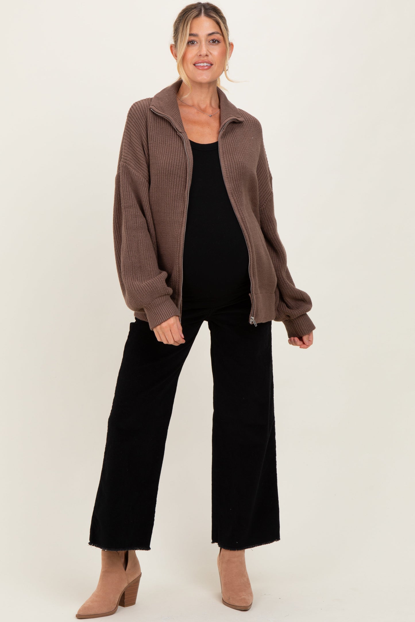 Light Mocha Oversized Zip Up Maternity Cardigan
