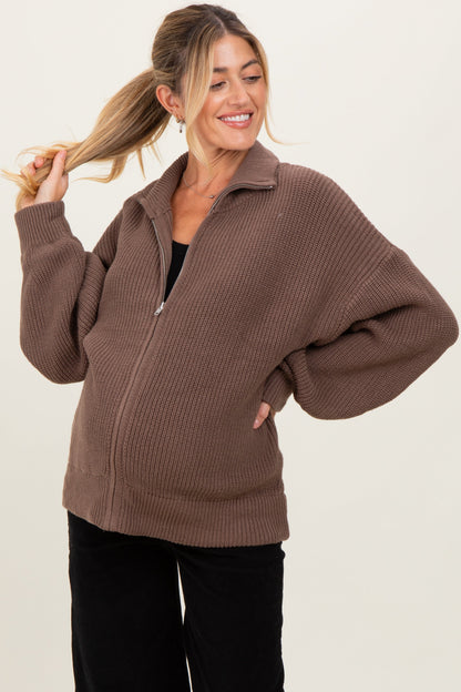 Light Mocha Oversized Zip Up Maternity Cardigan