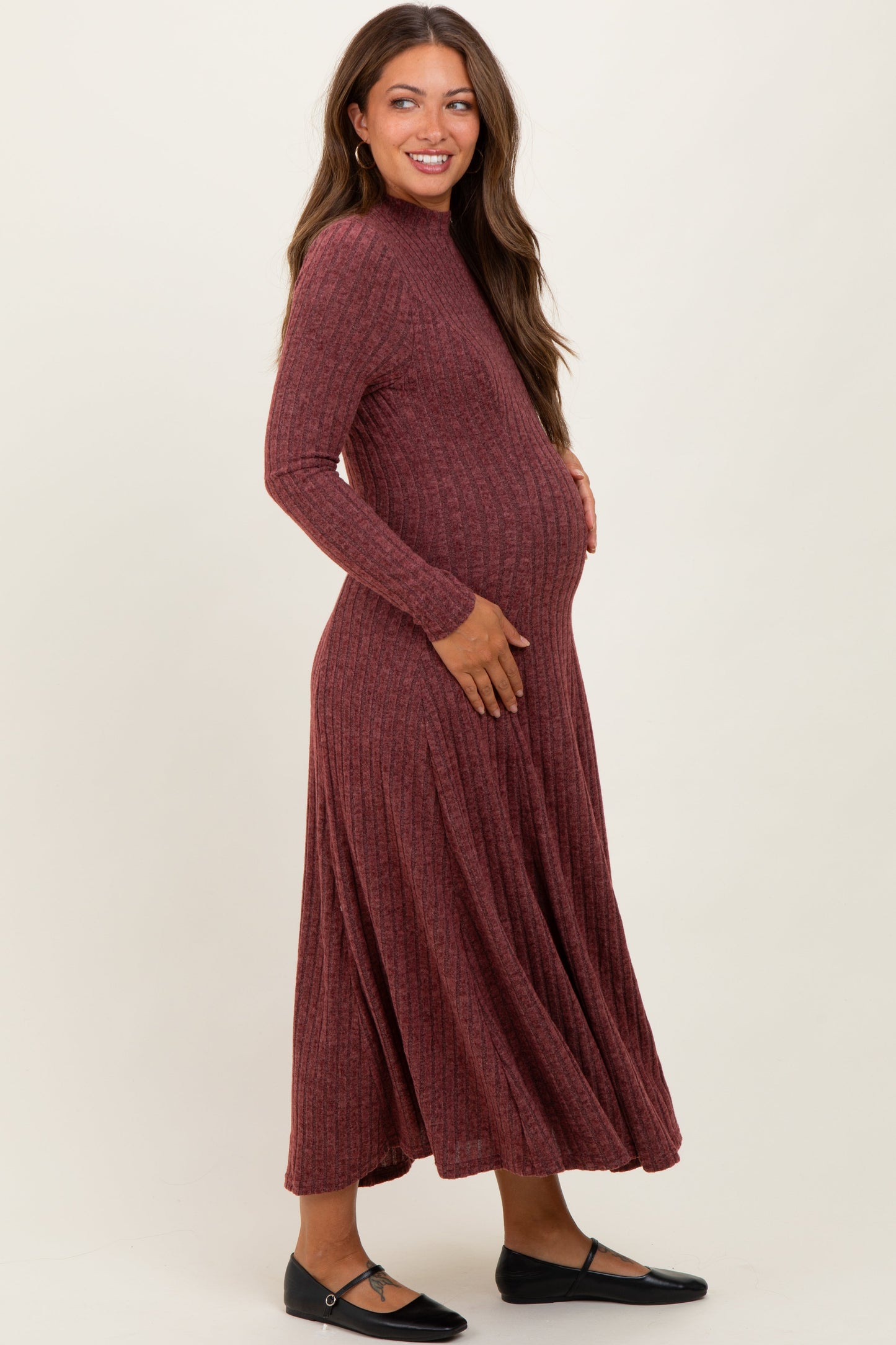 Burgundy Ribbed Mock Neck Maternity Midi Dress