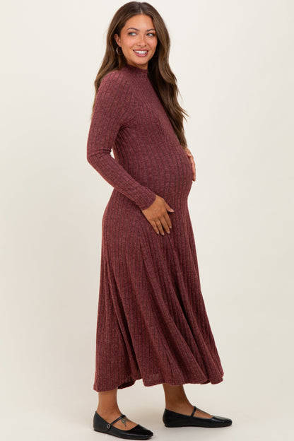 Burgundy Ribbed Mock Neck Maternity Midi Dress