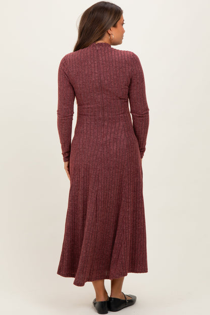 Burgundy Ribbed Mock Neck Maternity Midi Dress