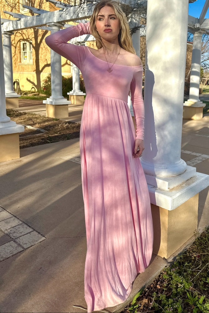 PinkBlush Pink Solid Off Shoulder Maxi Dress