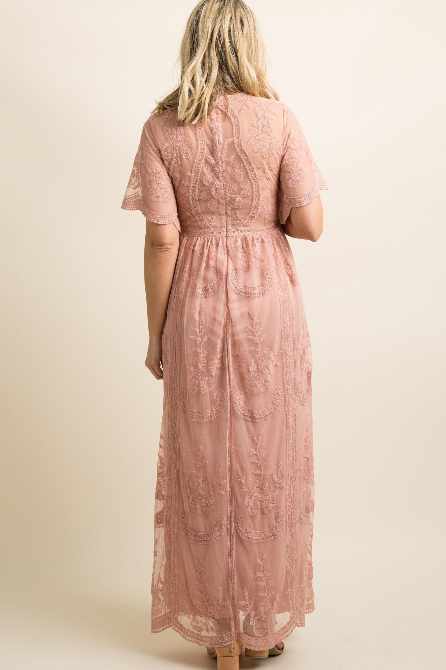 Light Pink Lace Mesh Overlay Maternity Maxi Dress