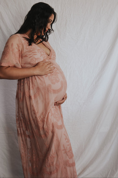 Light Pink Lace Mesh Overlay Maternity Maxi Dress