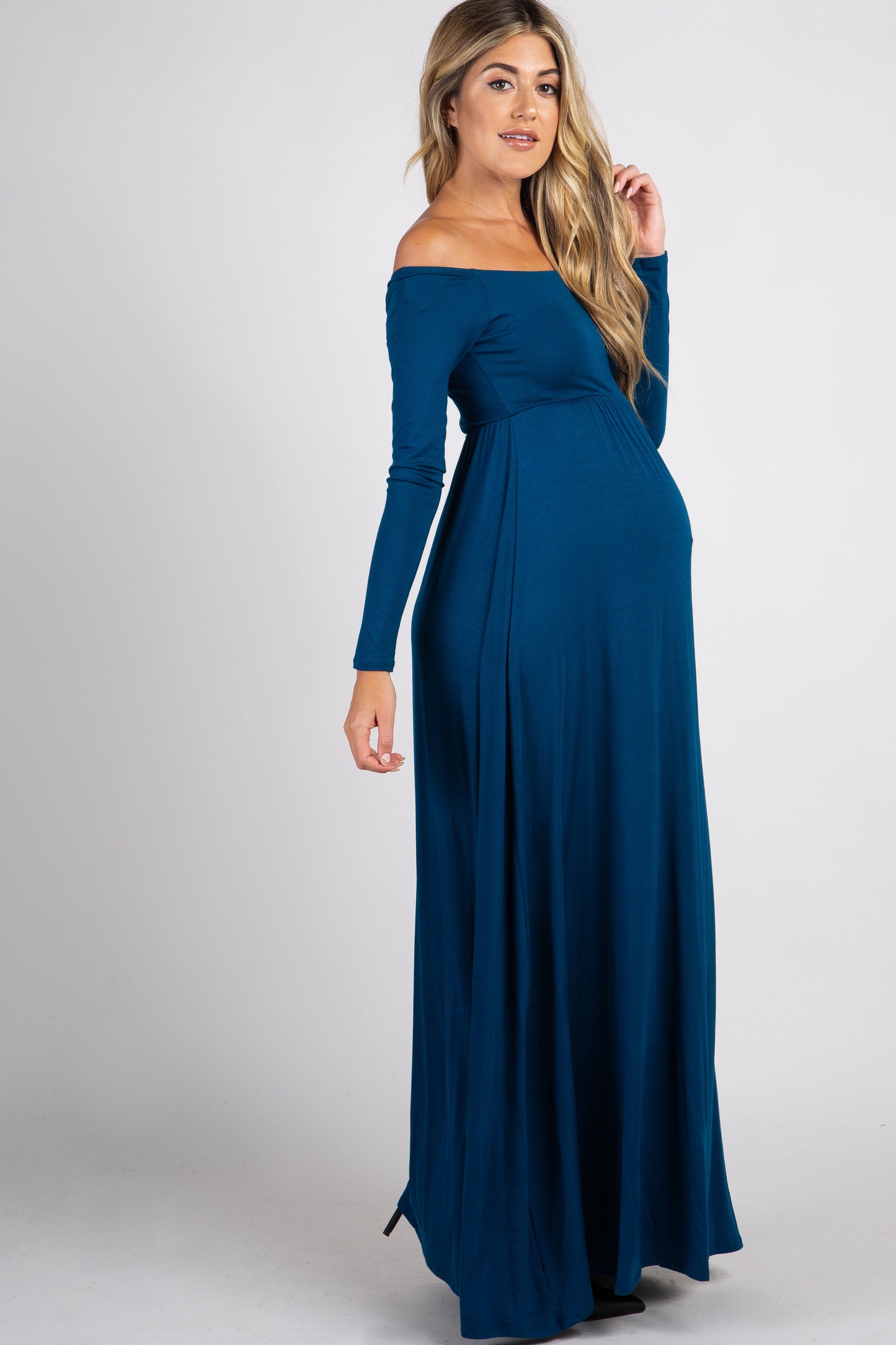 PinkBlush Dark Teal Solid Off Shoulder Maternity Maxi Dress