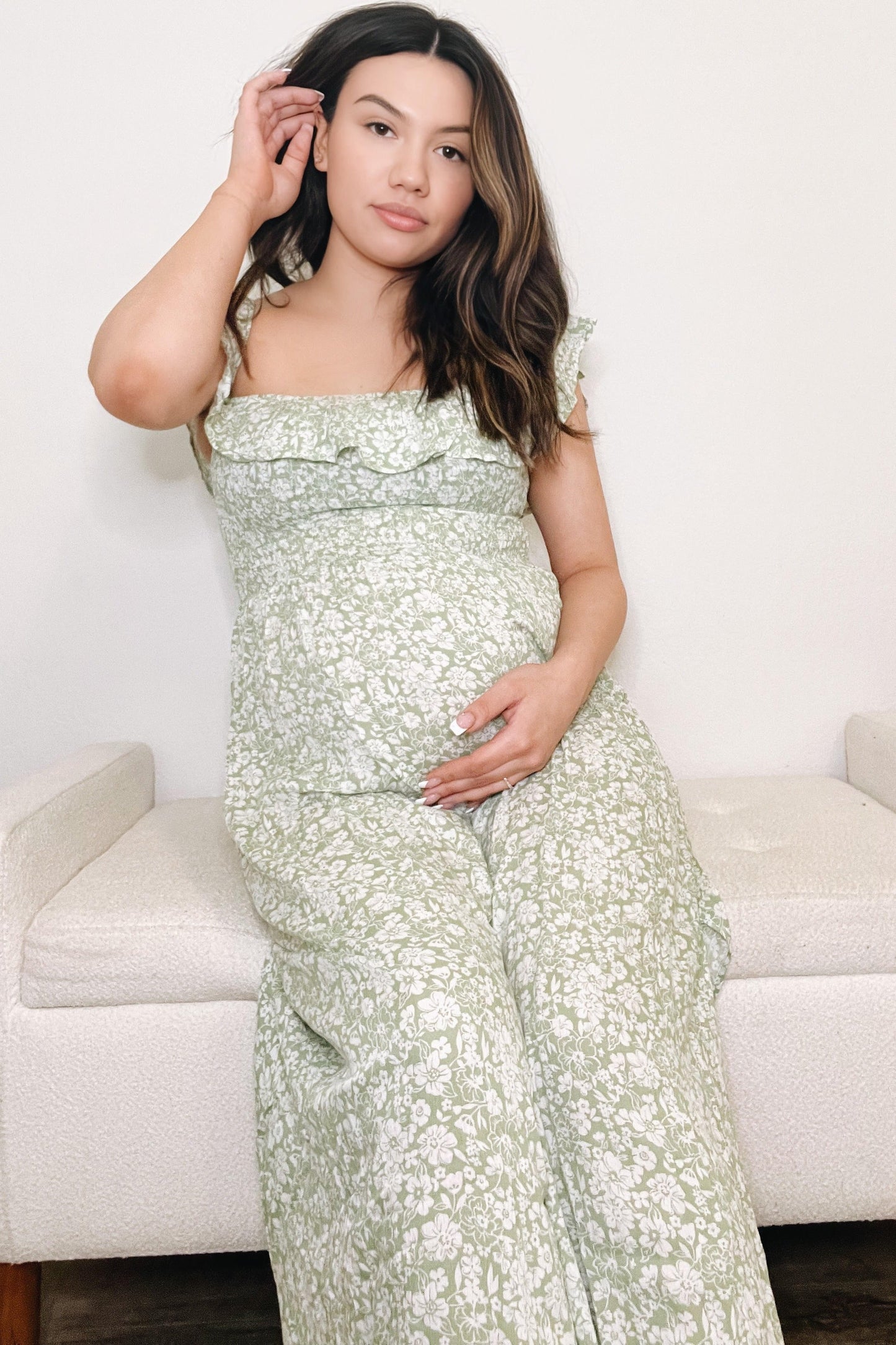 Green Floral Ruffle Off Shoulder Maternity Maxi Dress