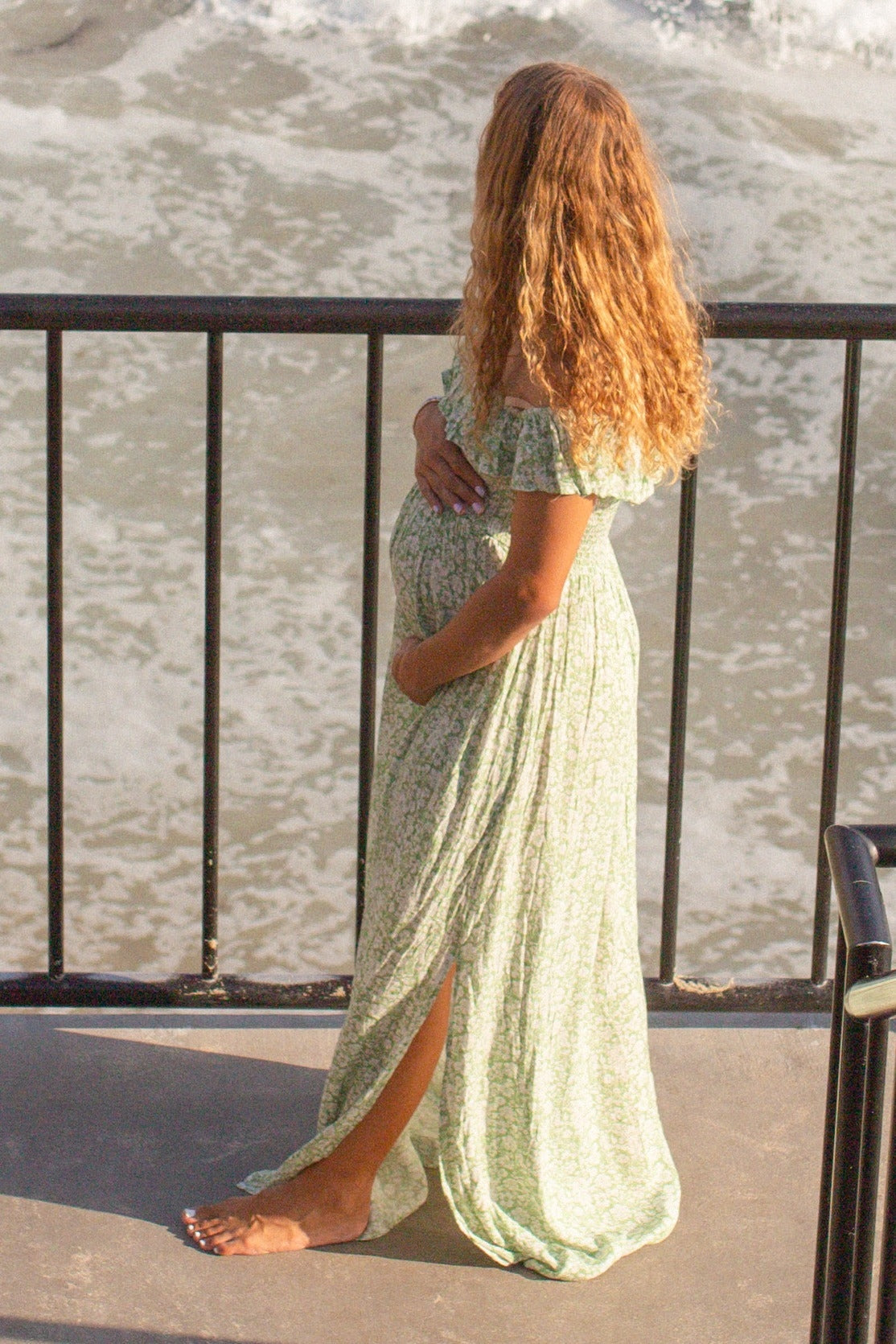 Green Floral Ruffle Off Shoulder Maternity Maxi Dress