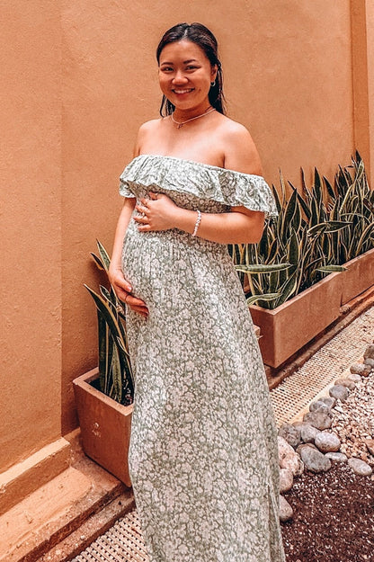 Green Floral Ruffle Off Shoulder Maternity Maxi Dress