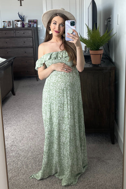 Green Floral Ruffle Off Shoulder Maternity Maxi Dress