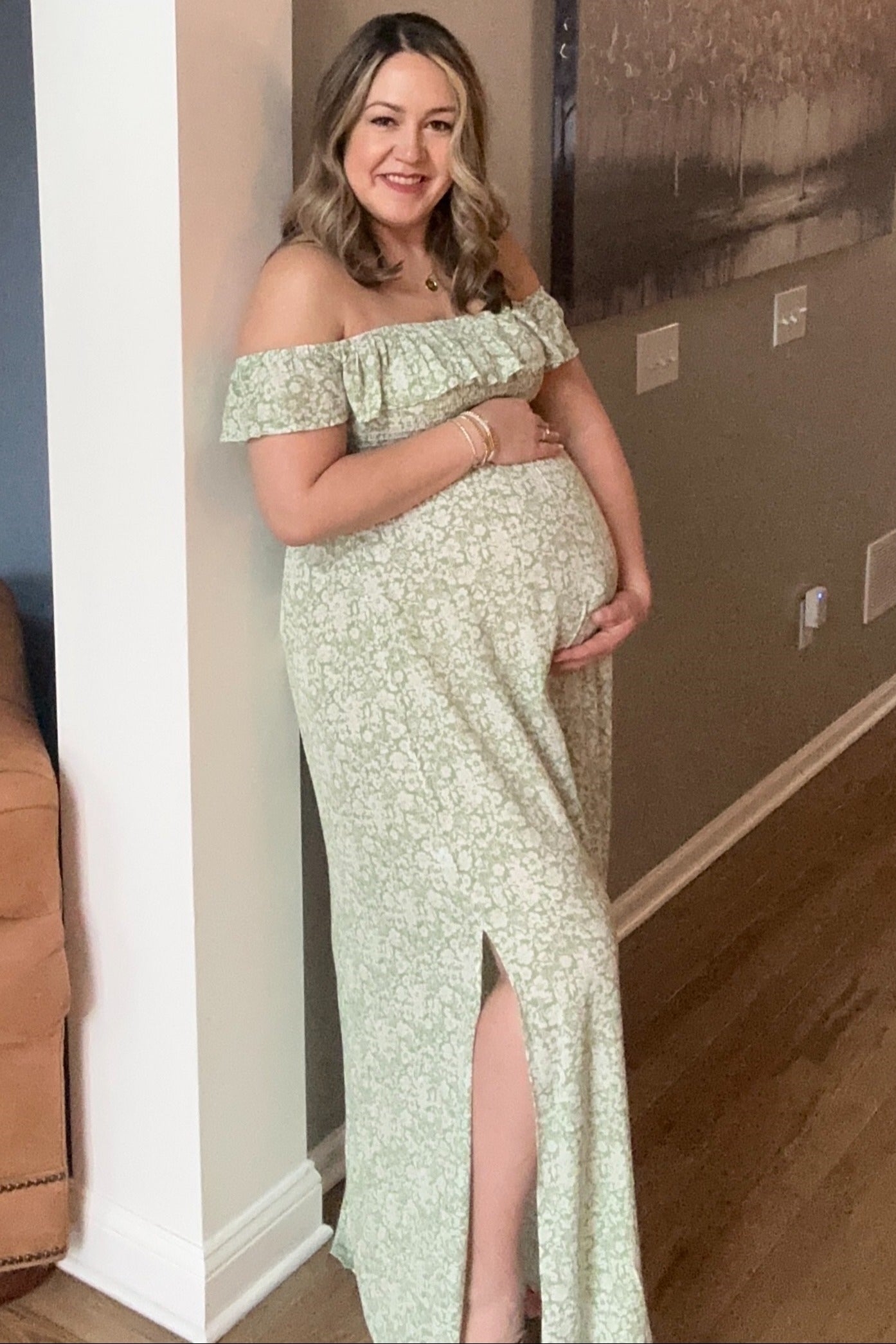 Green Floral Ruffle Off Shoulder Maternity Maxi Dress