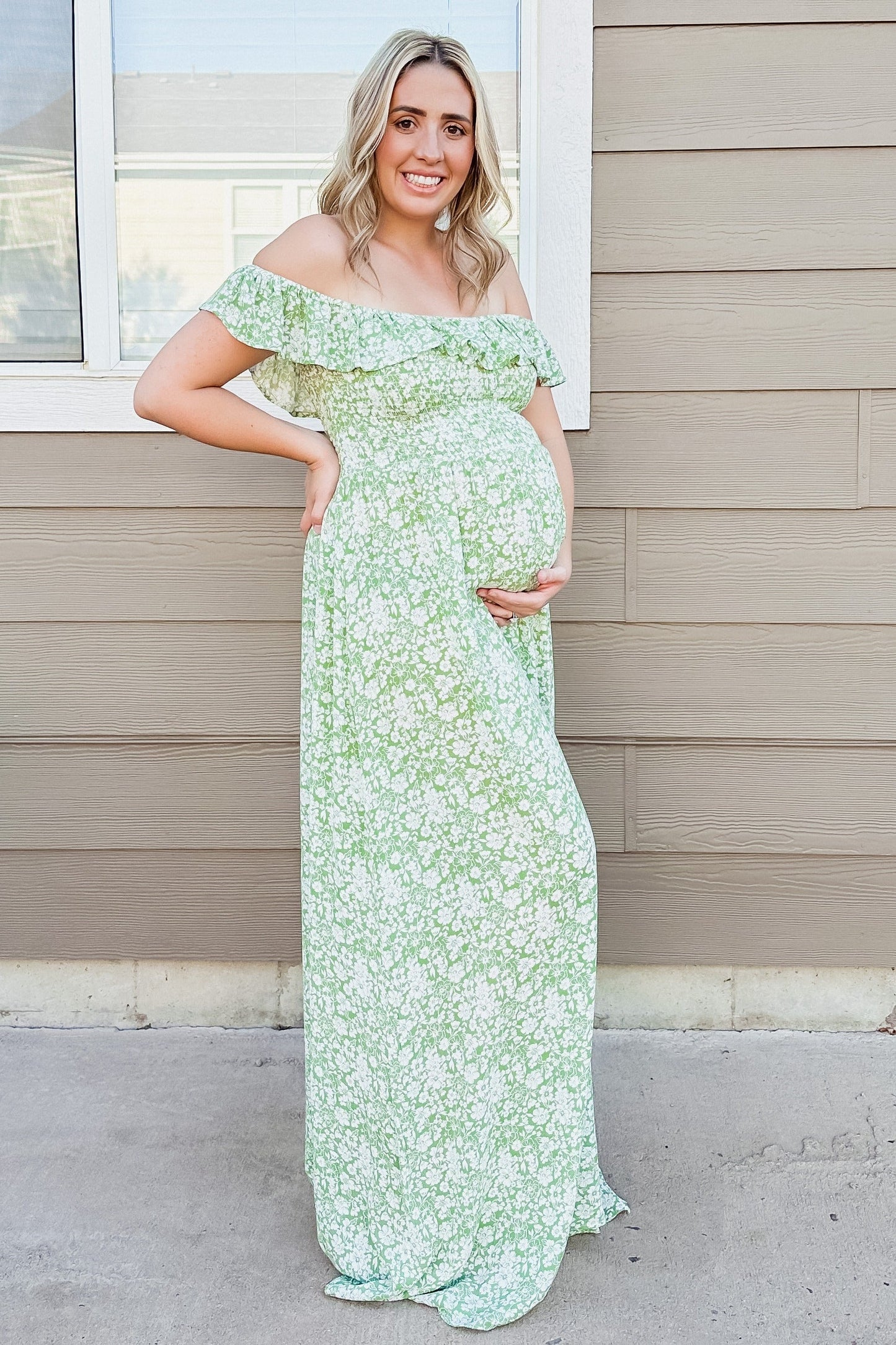 Green Floral Ruffle Off Shoulder Maternity Maxi Dress