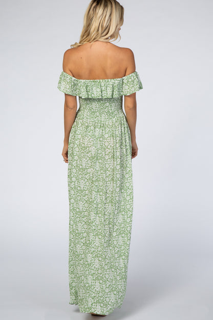 Green Floral Ruffle Off Shoulder Maxi Dress