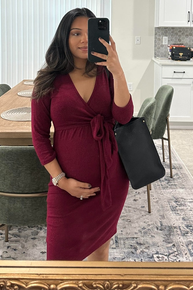 Burgundy Brushed Knit Wrap Fitted Maternity/Nursing Dress