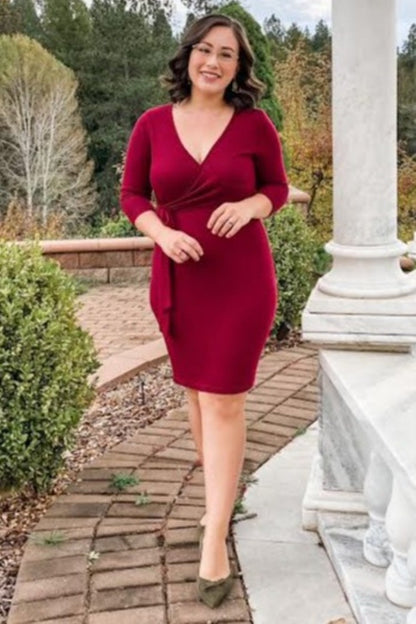 Burgundy Brushed Knit Wrap Fitted Nursing Dress