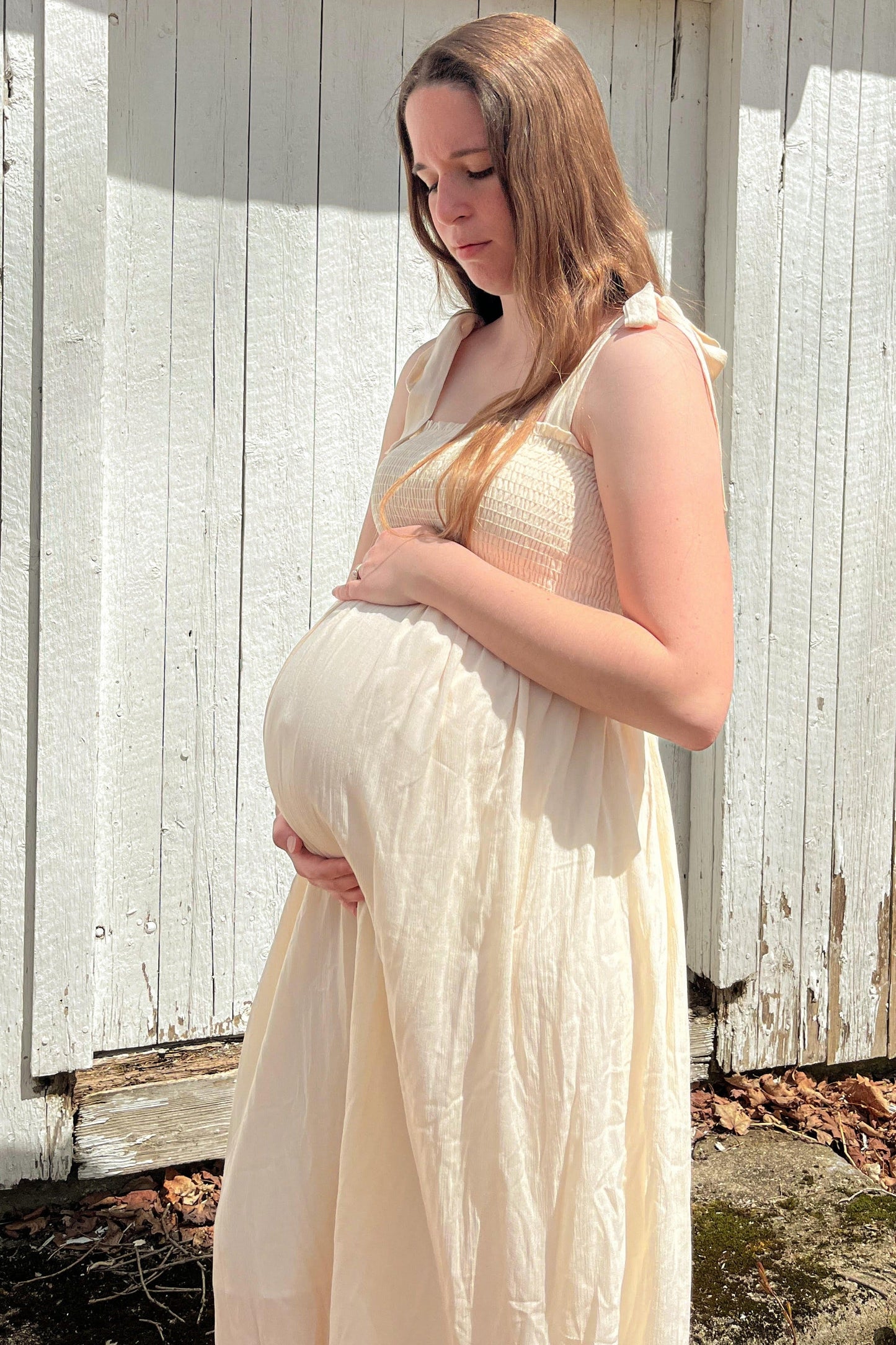 Beige Smocked Tie Strap Maternity Midi Dress