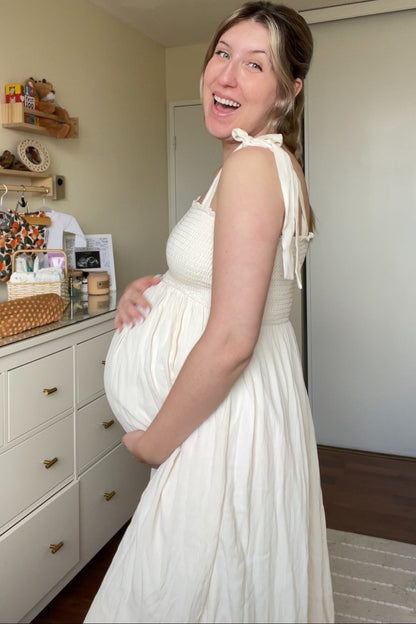 Beige Smocked Tie Strap Maternity Midi Dress