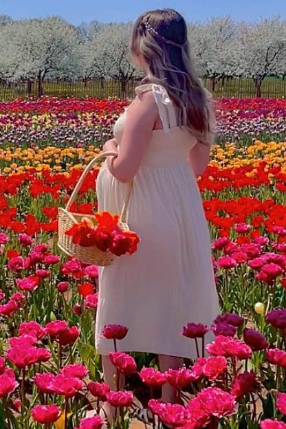 Beige Smocked Tie Strap Maternity Midi Dress