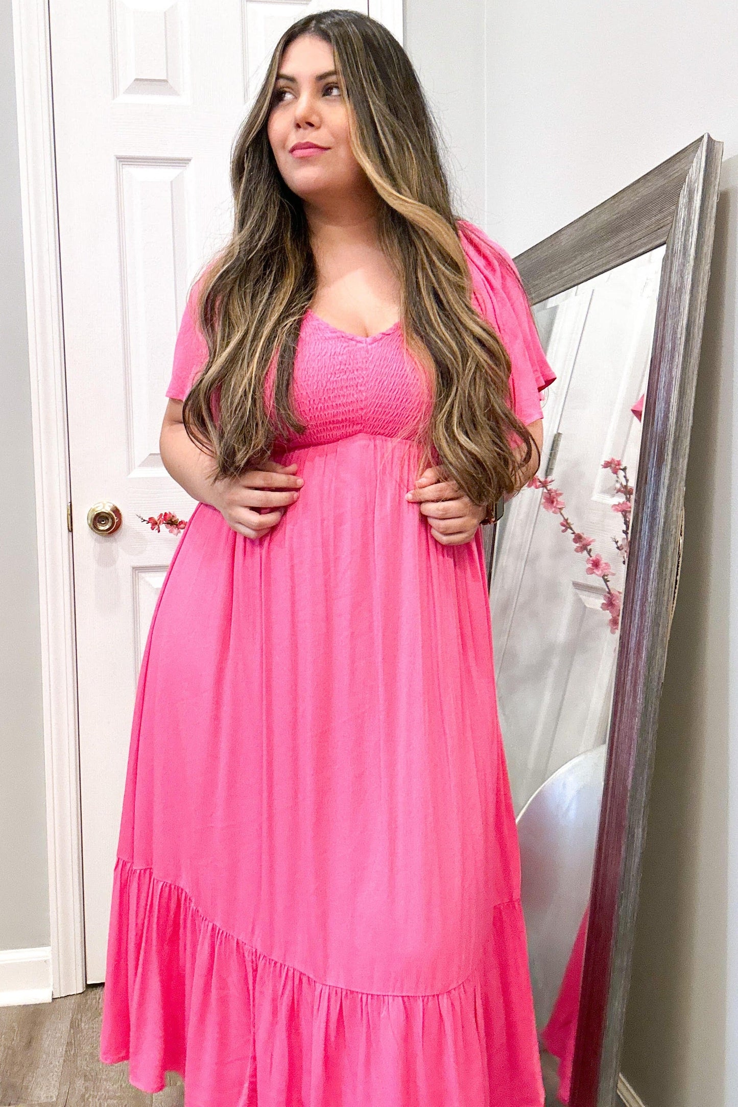 Fuchsia Smocked Ruffle Dress