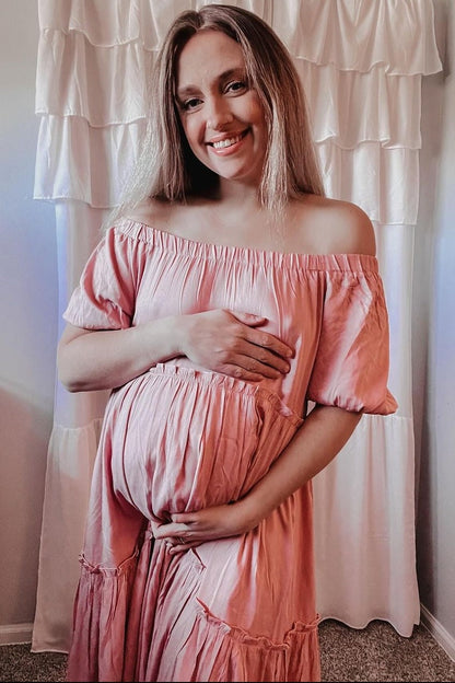 Mauve Off Shoulder Ruffle Tiered Maternity Maxi Dress