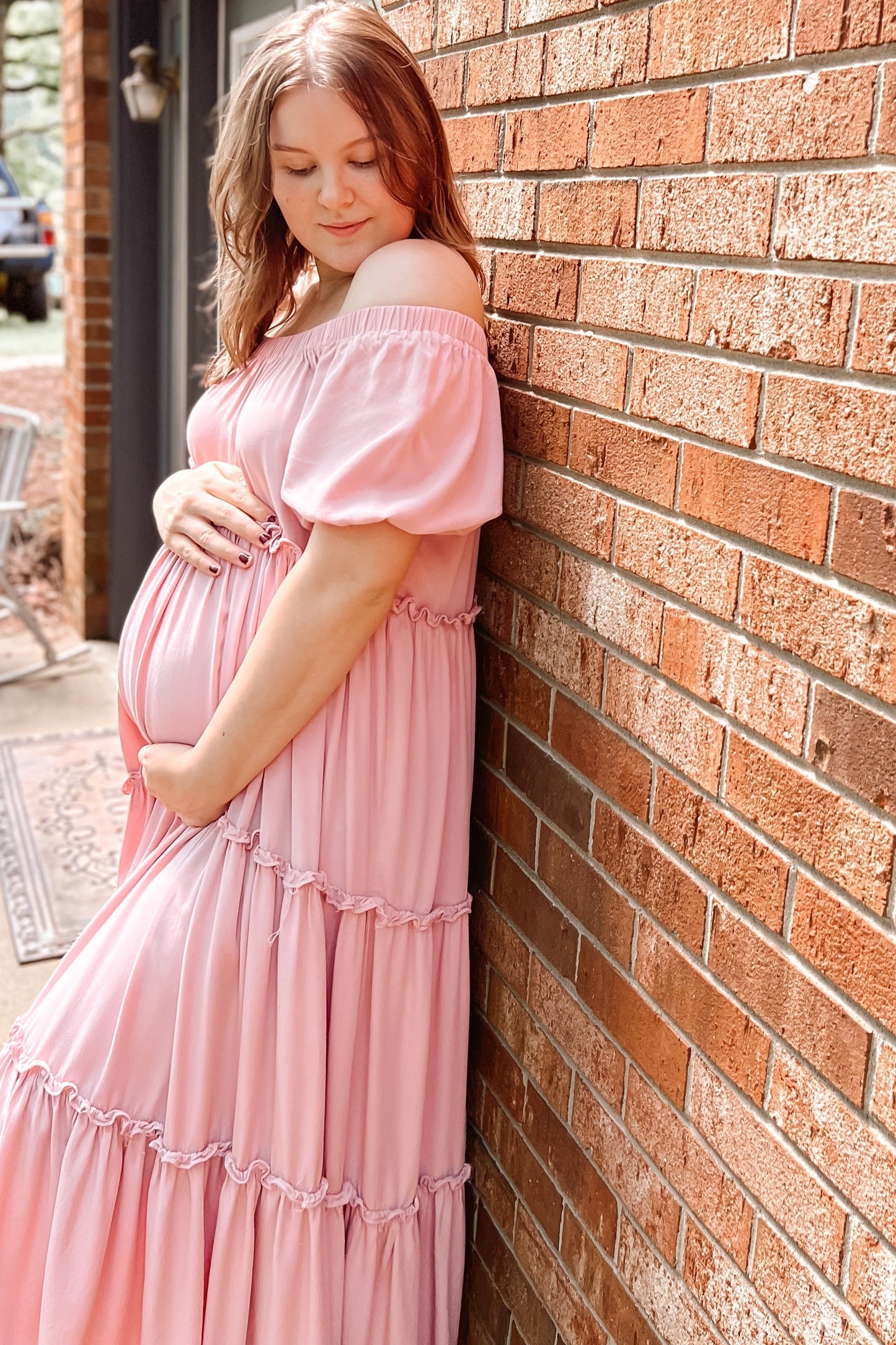 Mauve Off Shoulder Ruffle Tiered Maternity Maxi Dress