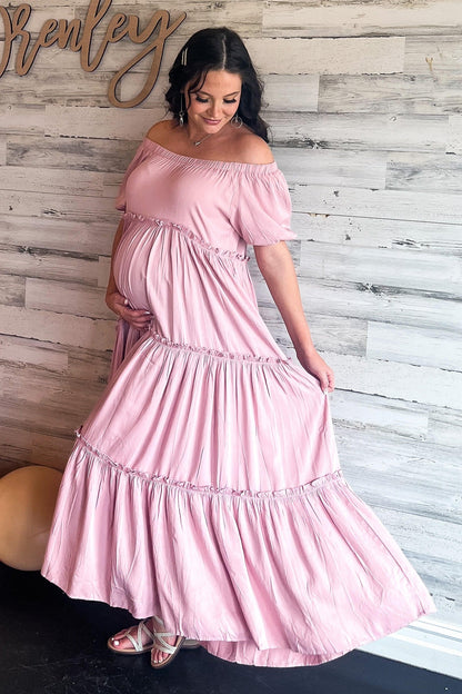 Mauve Off Shoulder Ruffle Tiered Maternity Maxi Dress