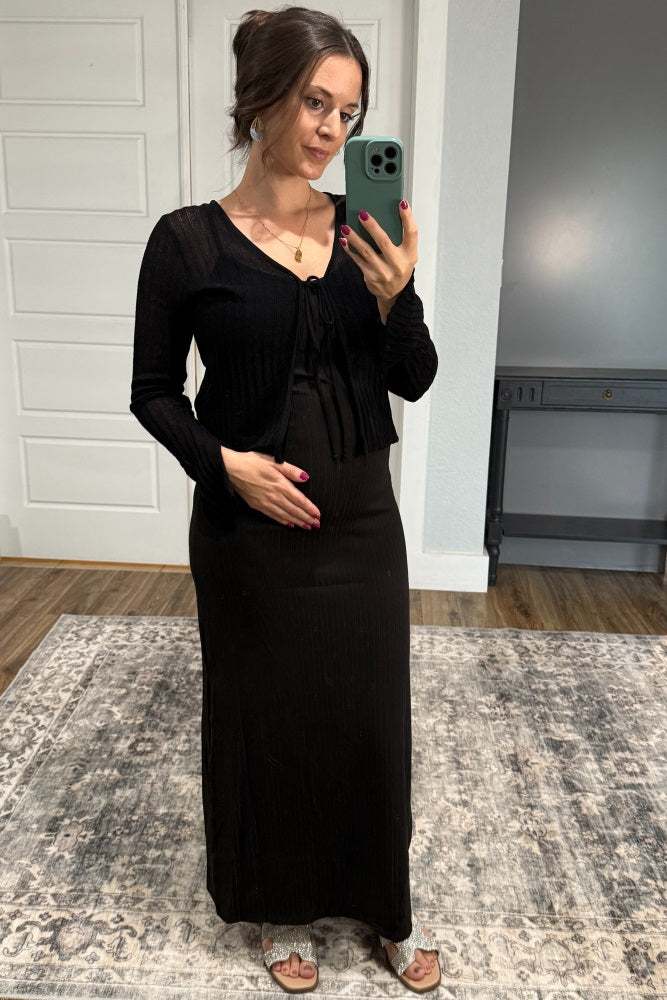 Black Ribbed Side Slit Maternity Maxi Dress