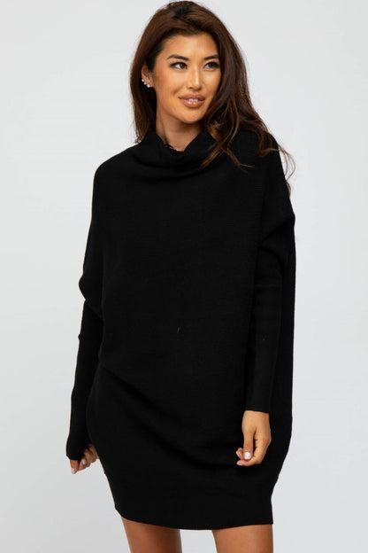 Black Funnel Neck Dolman Sleeve Mini Dress