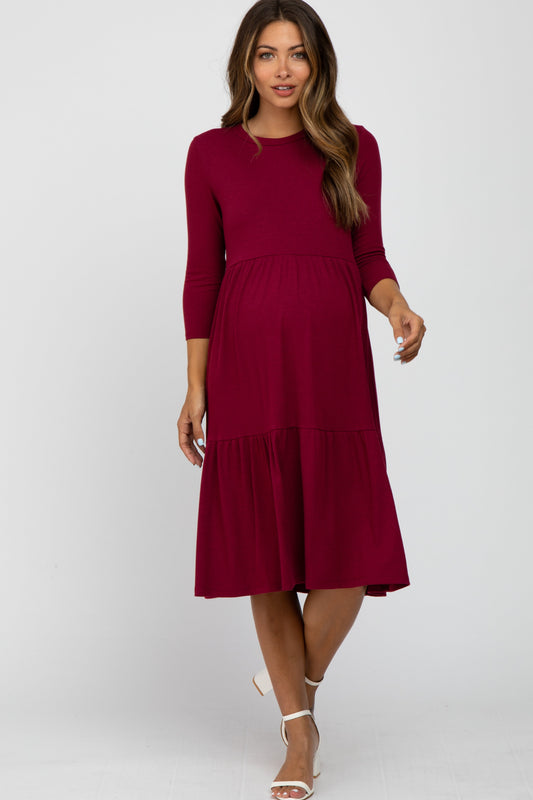 Burgundy Tiered Ribbed 3/4 Sleeve Maternity Midi Dress