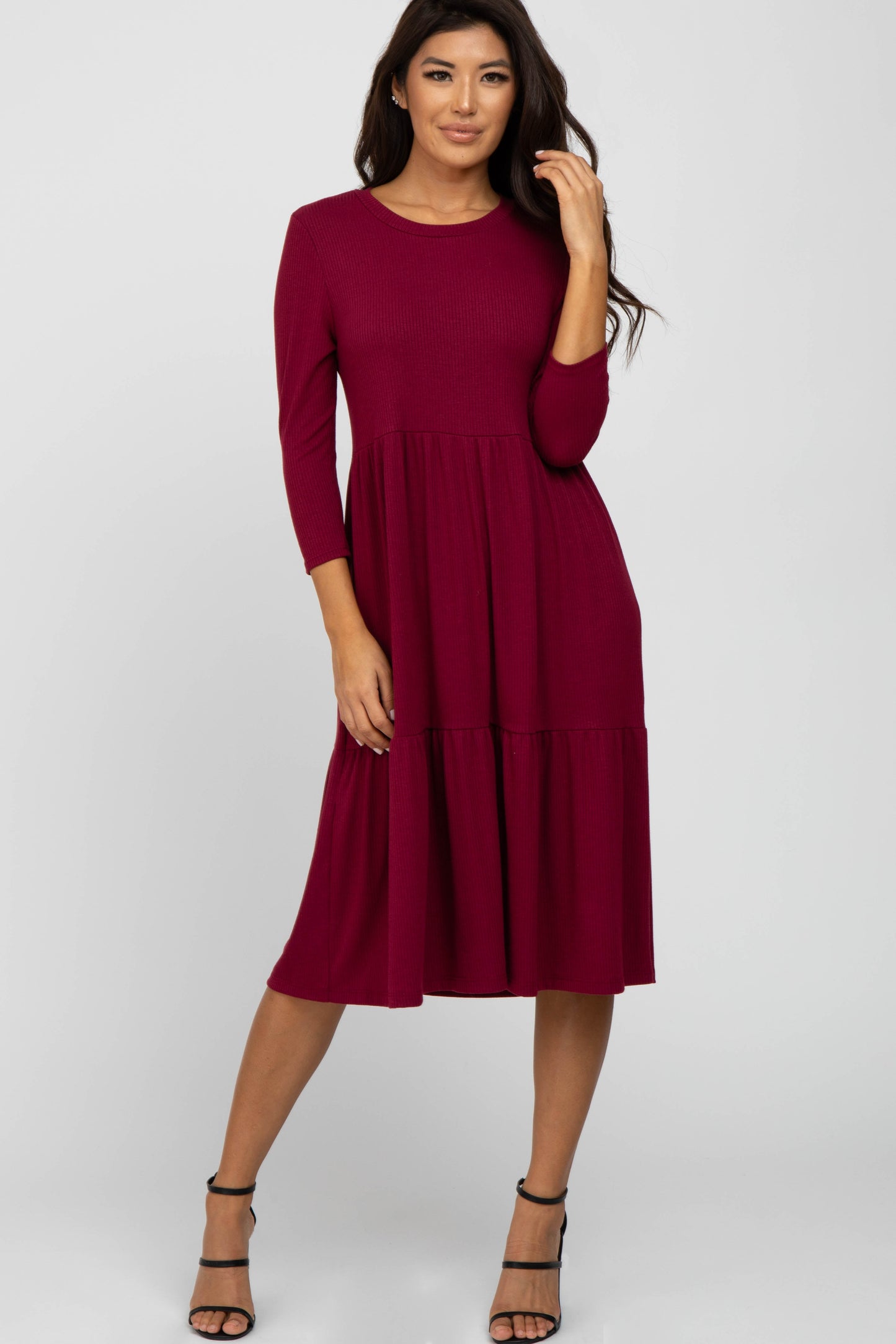 Burgundy Tiered Ribbed 3/4 Sleeve Maternity Midi Dress