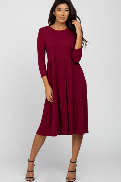 Burgundy Tiered Ribbed 3/4 Sleeve Maternity Midi Dress