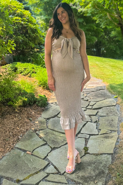 Mocha Gingham Print Smocked Fitted Self-Tie Maternity Midi Dress