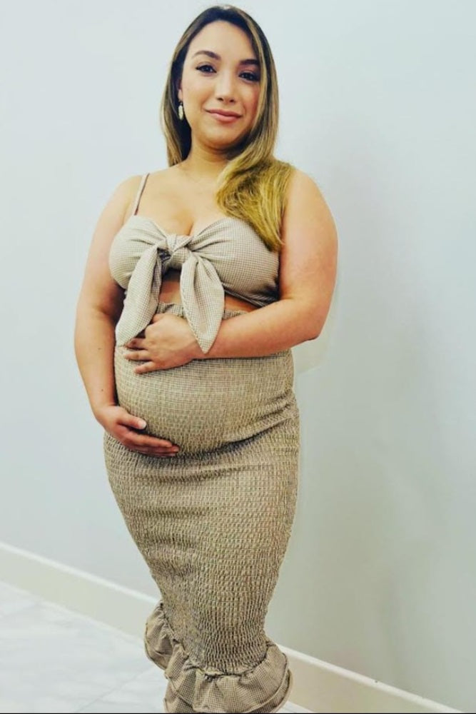 Mocha Gingham Print Smocked Fitted Self-Tie Maternity Midi Dress