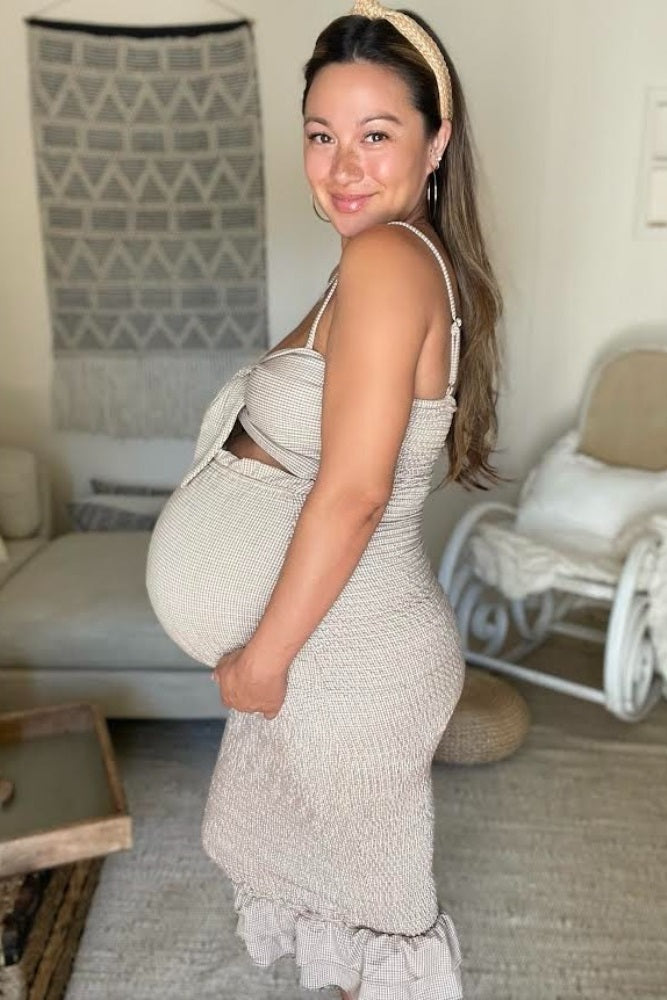 Mocha Gingham Print Smocked Fitted Self-Tie Maternity Midi Dress