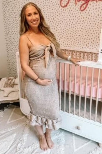 Mocha Gingham Print Smocked Fitted Self-Tie Maternity Midi Dress