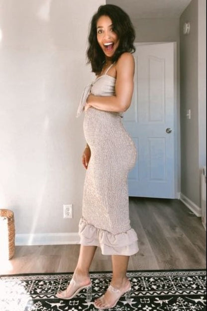 Mocha Gingham Print Smocked Fitted Self-Tie Maternity Midi Dress