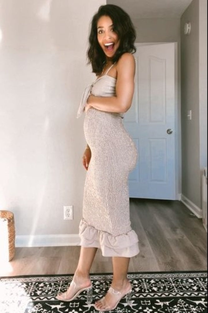 Mocha Gingham Print Smocked Fitted Self-Tie Maternity Midi Dress