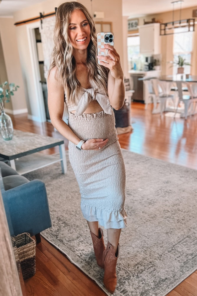 Mocha Gingham Print Smocked Fitted Self-Tie Maternity Midi Dress