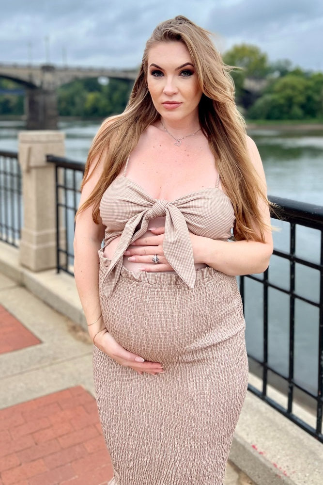 Mocha Gingham Print Smocked Fitted Self-Tie Maternity Midi Dress